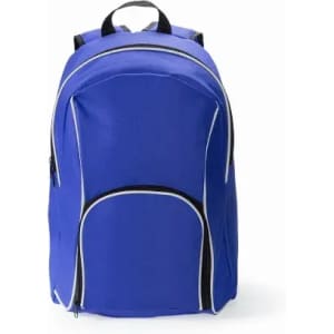 A blue backpack with a rounded design, featuring black trim and multiple zippered compartments.