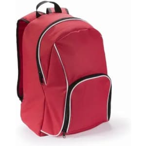 A red backpack with black accents and a front zip pocket, featuring adjustable shoulder straps.