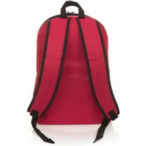 A red backpack featuring black straps and a top handle, designed with a smooth surface and a simple silhouette.