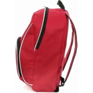 A red backpack with a sleek design, featuring black accents and adjustable straps.