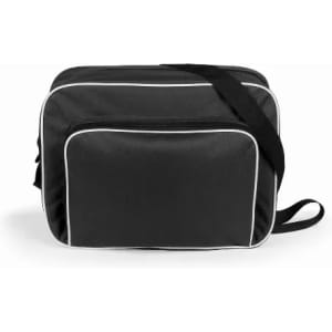 A black travel bag with white piping and an adjustable strap, featuring a front pocket.