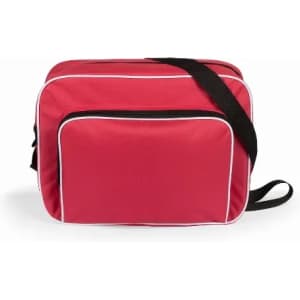 A red shoulder bag with white detailing, featuring a main compartment and a front zip pocket.