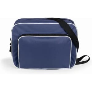 A navy blue bag with a white trim and an adjustable shoulder strap, featuring a front zip pocket and a main compartment.