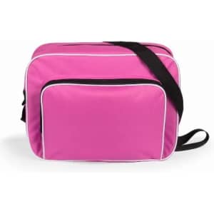 A pink messenger bag with contrasting white piping and a black shoulder strap. Features a front pocket.