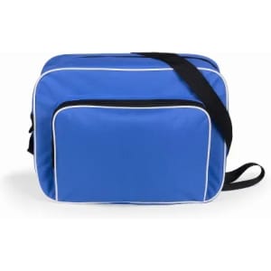A blue bag with white piping and a front zip pocket, featuring a black shoulder strap.