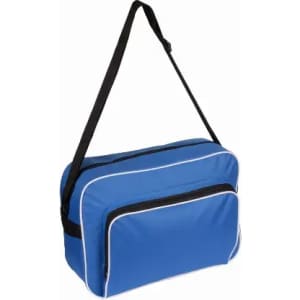 A blue messenger bag with a black strap and white trim, featuring a front zip pocket and main compartment.