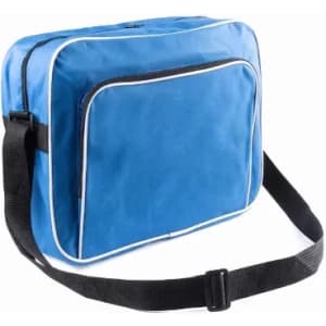 A blue messenger bag with a front zip pocket and an adjustable shoulder strap. It features a contrasting white trim.