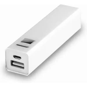 A portable power bank in white, featuring USB and USB-C ports, with a sleek rectangular design.
