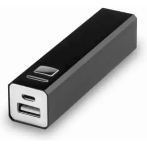 A portable power bank in black with a USB output and a micro USB input. Features a sleek rectangular design.