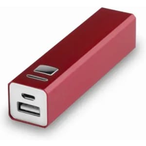 A red power bank with a USB and a micro-USB port, featuring a sleek rectangular design.