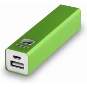 A portable charger in a vibrant green colour. It features a USB output and a compact rectangular design.