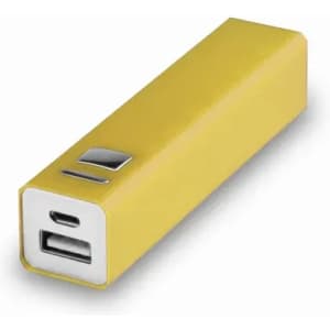A power bank in bright yellow with a USB output and a sleek, rectangular design. It has a small branding logo.
