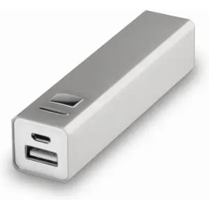 A portable power bank in a sleek silver design with a USB and USB-C port.