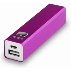 A portable charger in vibrant purple with a USB port and a sleek, rectangular design.