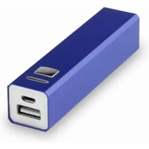 A portable charger in vibrant blue with a USB output and a micro USB input. It features a branded logo.