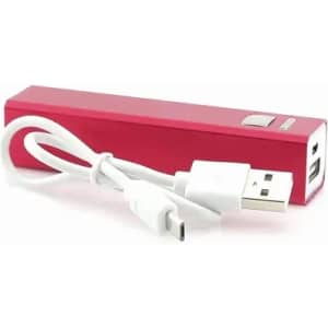 A red power bank with a USB cable attached. The device has a sleek design and includes a logo.