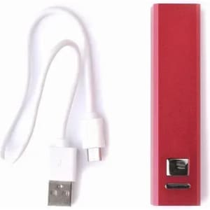 A red portable charger with a USB cable beside it. The charger has a sleek design and a simple interface.