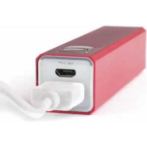 A red rectangular power bank with a USB-C port and a white charging cable connected. It has a logo on the side.