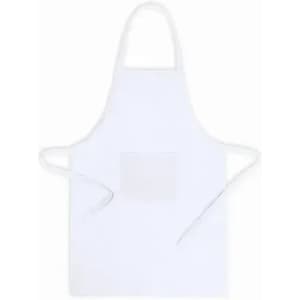 A white apron with neck and waist ties, featuring a front pocket and a simple design.
