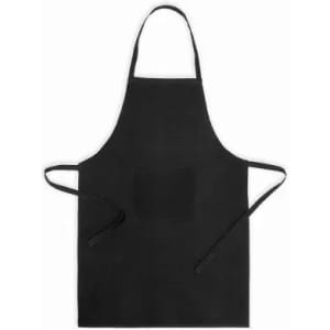 A black apron featuring a central pocket and adjustable ties for fastening.