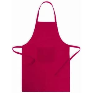 A red apron featuring a front pocket and adjustable neck straps. It has ties on the sides for a secure fit.