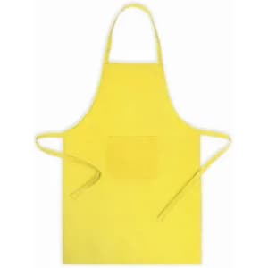 A yellow apron with a pocket and ties at the waist for secure fitting.