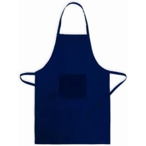 A navy blue apron featuring a front pocket and looped ties for secure fastening.