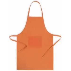 An orange apron with a pocket and ties on the sides, featuring a simple design.