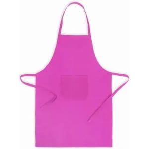 A pink apron featuring a front pocket and ties at the waist. It is plain with no additional logos or branding.