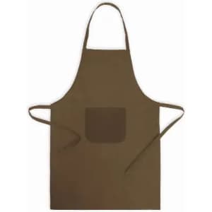 A brown apron featuring a pocket, with ties for securing around the waist. It has a simple design.