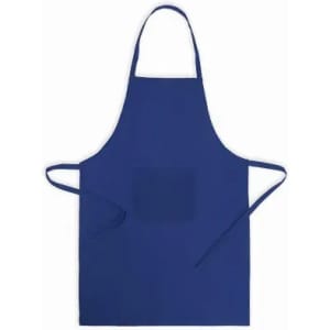 A blue apron with ties and a pocket at the front. The apron has a simple, solid design.