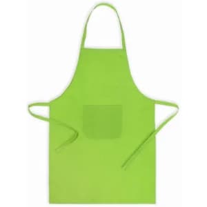 A green apron with a pocket and ties. The material appears durable and suitable for cooking or crafting activities.