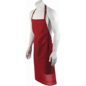 A red apron on a mannequin, featuring a pocket and adjustable neck strap. The fabric has a textured appearance.