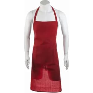 A red apron is displayed on a mannequin, featuring two front pockets and adjustable straps.