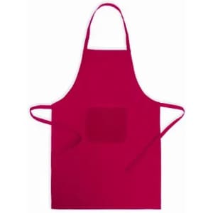 A red apron with straps and a front pocket. The apron has a simple design and features a logo.