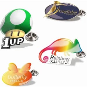 Four promotional product designs featuring a green mushroom, a colourful chameleon, and logos for Kingfisher and Butterfly Travels.