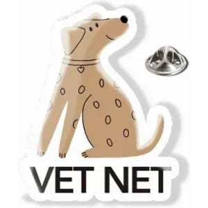 A sticker featuring a brown dotted dog illustration with the text "VET NET" below, along with a silver button.