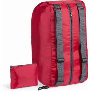 A red travel bag with grey straps, accompanied by a small matching pouch. The bag has a zip closure.