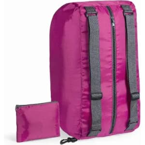 A pink backpack with grey straps and a small matching pouch, featuring a central zipper.