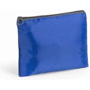A blue pouch with a zip closure, featuring a textured surface and a contrasting grey zipper.