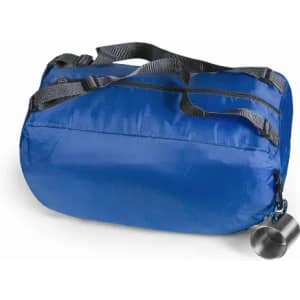 A blue promotional bag with dual handles and a clip, featuring a smooth, shiny surface.