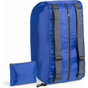 A blue backpack with two adjustable straps and a small matching pouch beside it. The backpack features a zip closure.