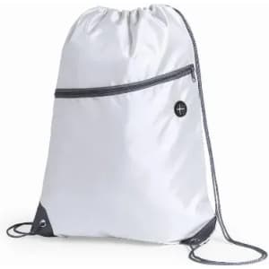 A drawstring bag in white with a black zippered pocket and logo, featuring grey accents and adjustable straps.
