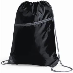 A drawstring backpack in black, featuring a front zip pocket and contrasting grey cords. It has a simple logo.