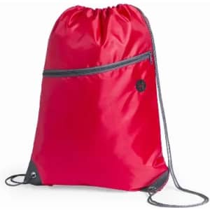 A drawstring bag in vibrant red with a zippered front pocket and a logo. Adjustable grey straps.