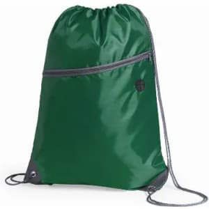 A green drawstring bag with a front zip pocket and a logo. The bag features grey accents and shoulder straps.