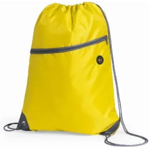 A yellow drawstring bag with a zippered front pocket and grey accents, featuring a logo.