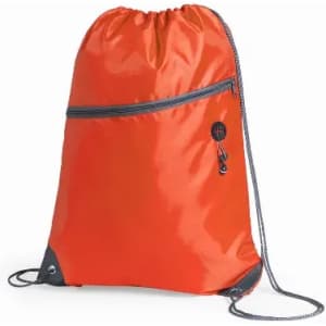 A drawstring backpack in bright orange with a zippered pocket and grey accents. It has a simple design and adjustable cords.