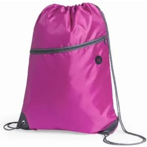 A drawstring backpack in vibrant pink, featuring a front zip pocket and a logo on the side.