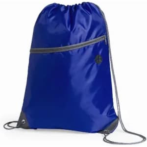A drawstring bag in vibrant blue with a front pocket and grey accents. It features a logo on the front.